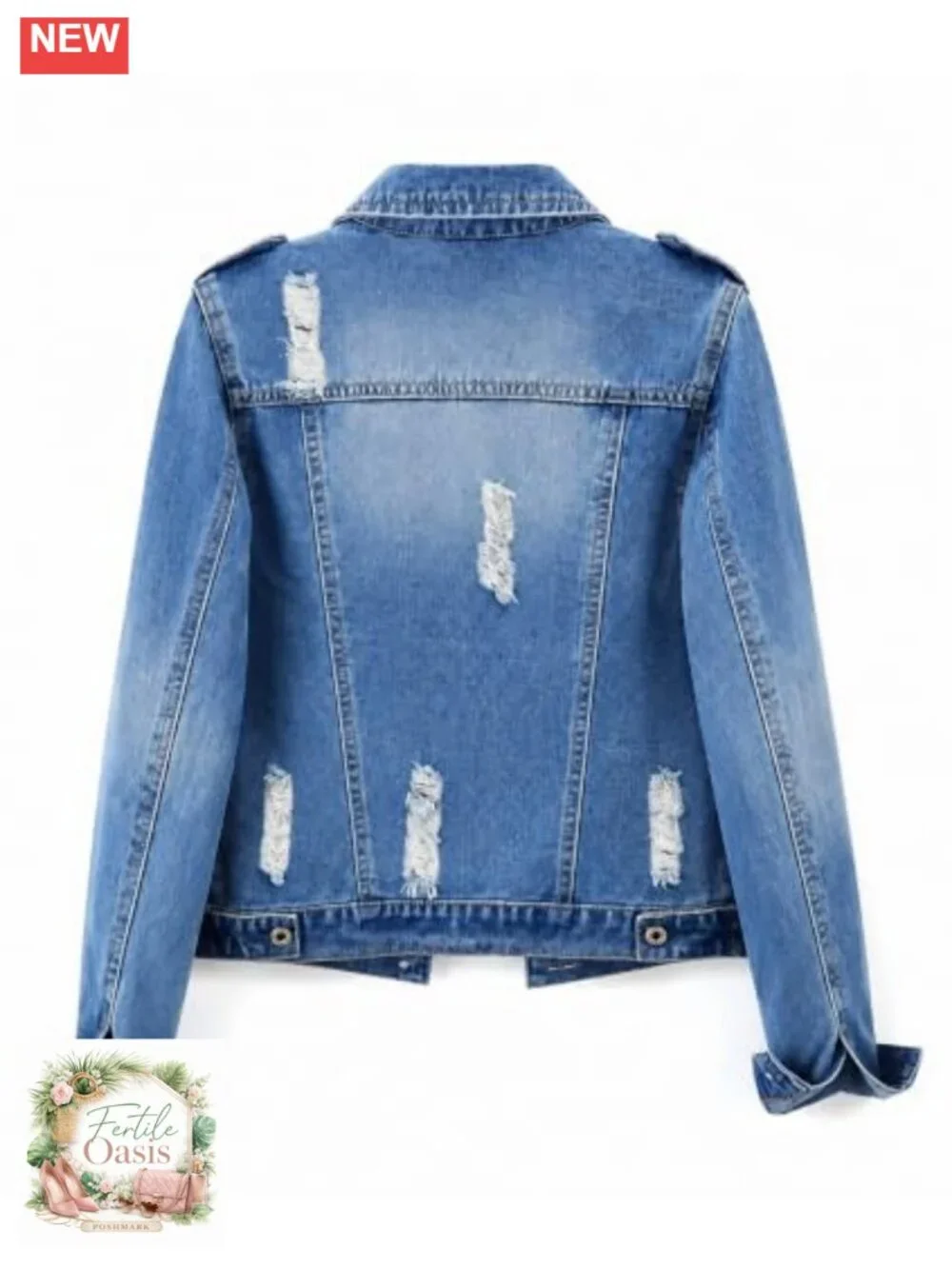 Women's Distressed Denim Jacket Relaxed Fit Button Front Long Sleeve Washed Blue